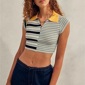 BDG‎ Briar Zip-Up Polo Crop Top Sweater Shirt Retro black multi stripes L NWT
